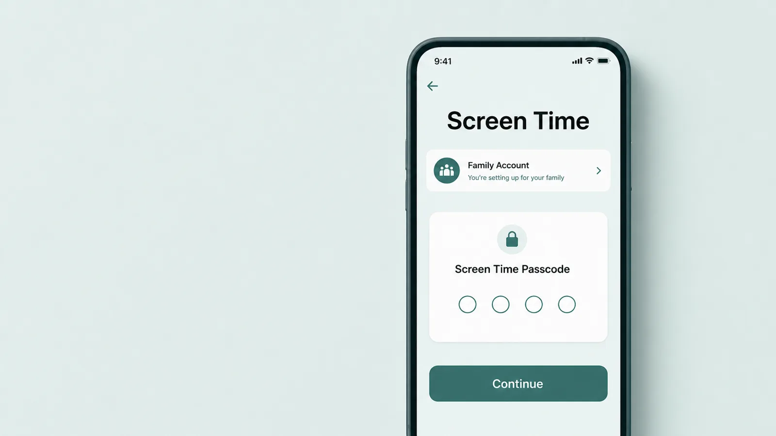 family-sharing-foundation Màn hình thiết lập Screen Time trên iOS với một hàng Family Account và một trường mật mã