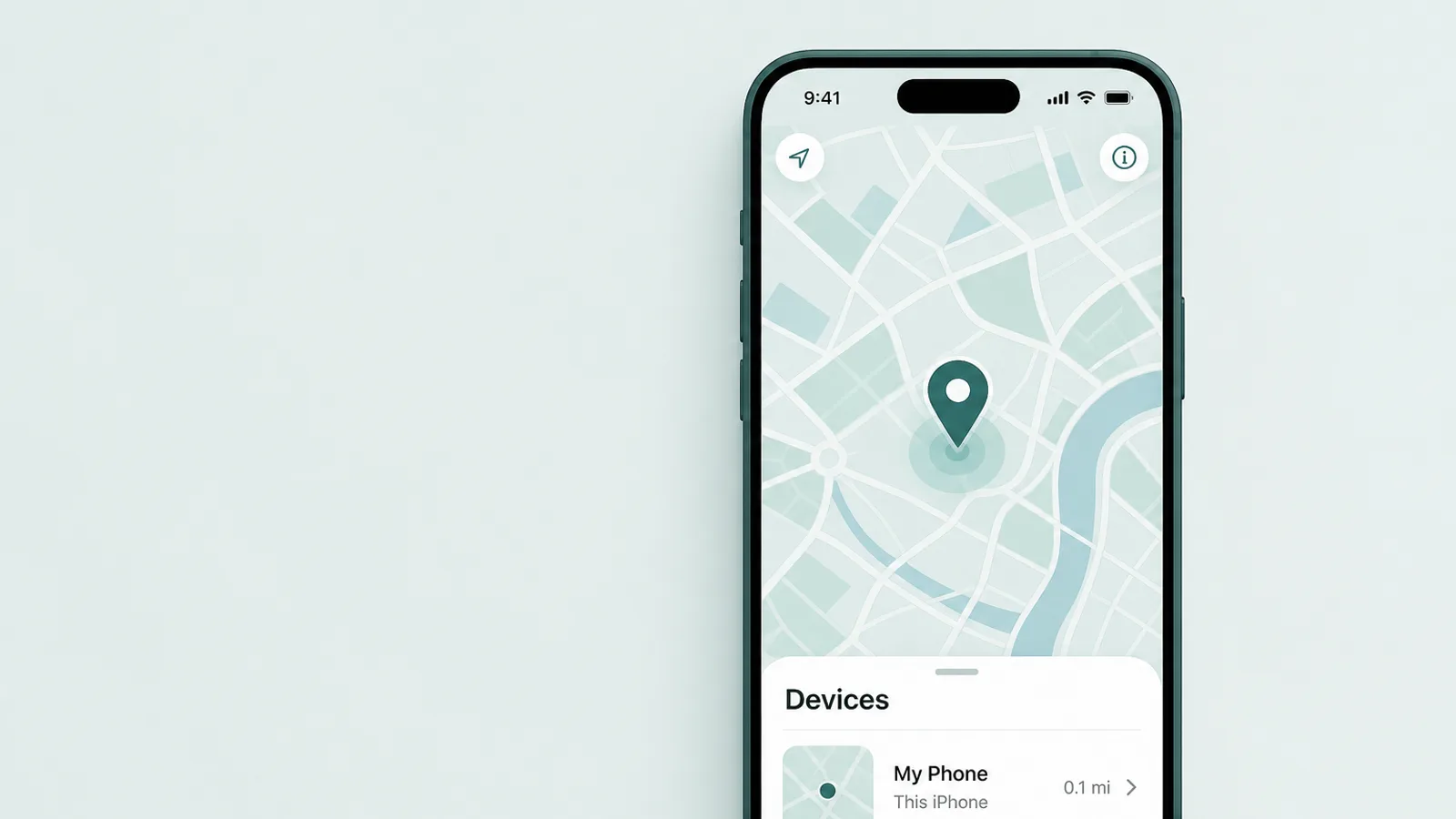 location Màn hình bản đồ Find My với một ghim vị trí duy nhất và một thẻ thiết bị